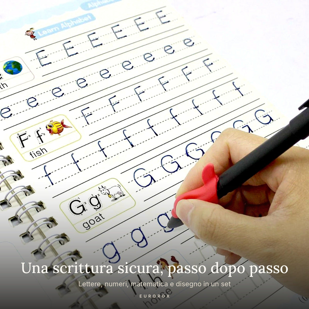 Child practising handwriting by tracing letters